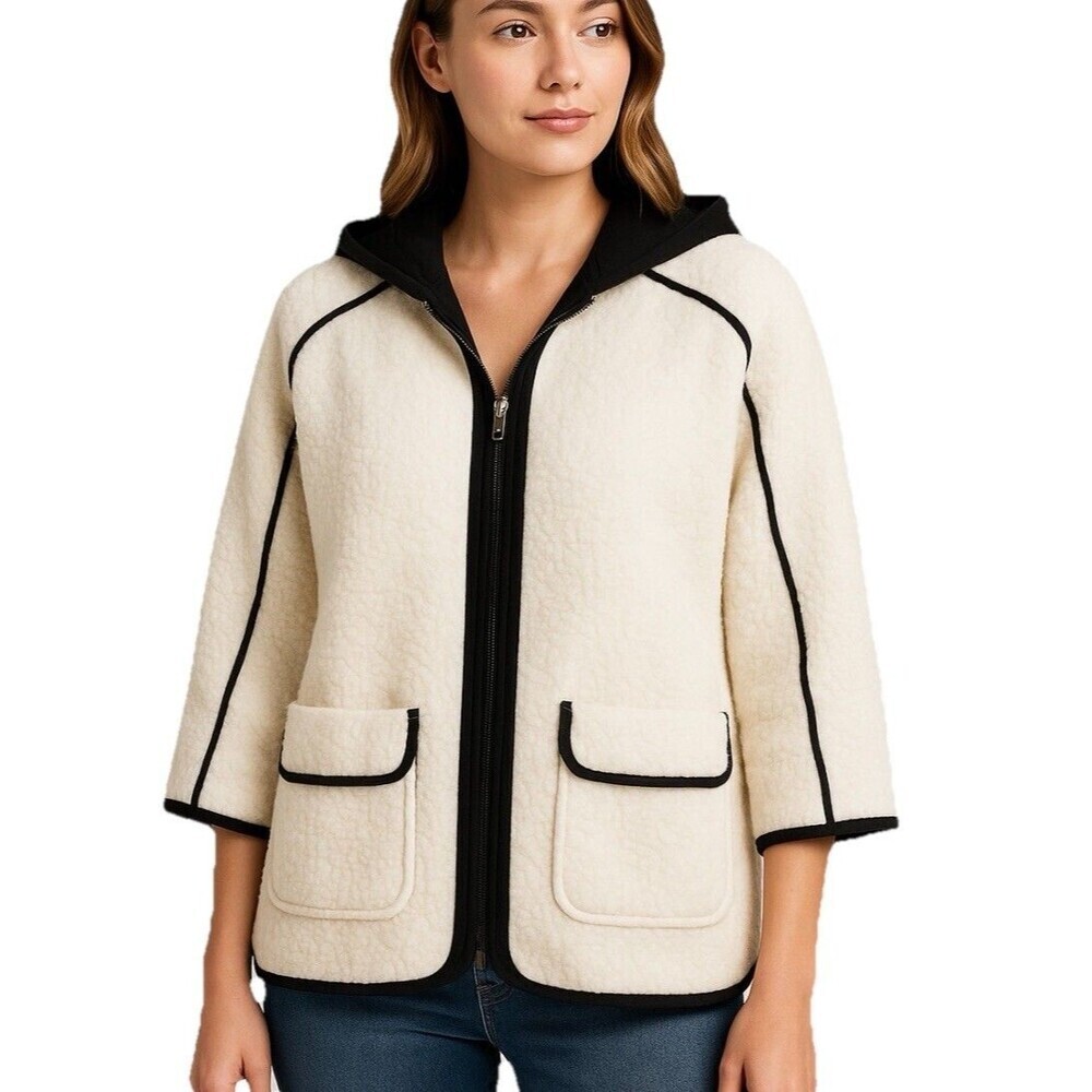 Davi & Dani Sherpa Fleece Zip Hoodie Jacket White Black Trim Size M Oversized